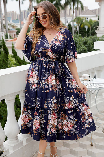 Plus Size V Neck Navy sommerkjole med korte ermer